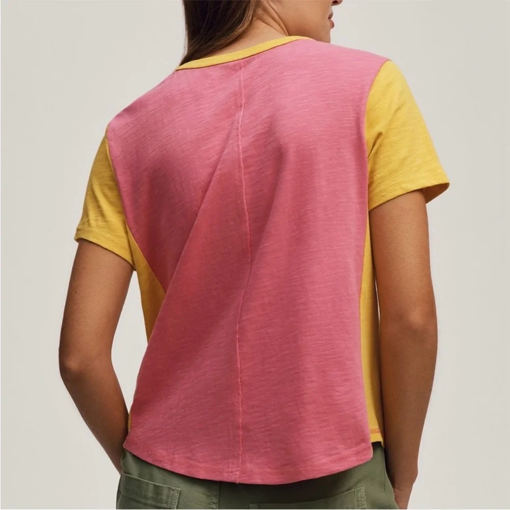 Anthropologie Pilcro The Bennie Cotton Slub Crewneck Tee Pink Yellow 3X - Picture 2 of 8